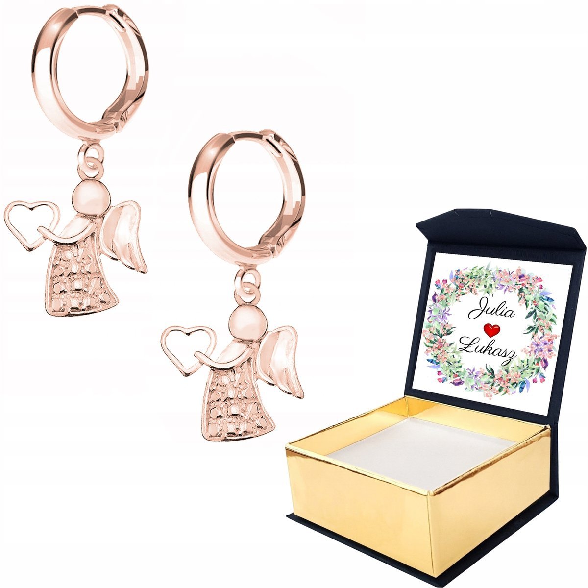Kolczyki różowe złoto Anioł Aniołek WŁASNY NADRUK
