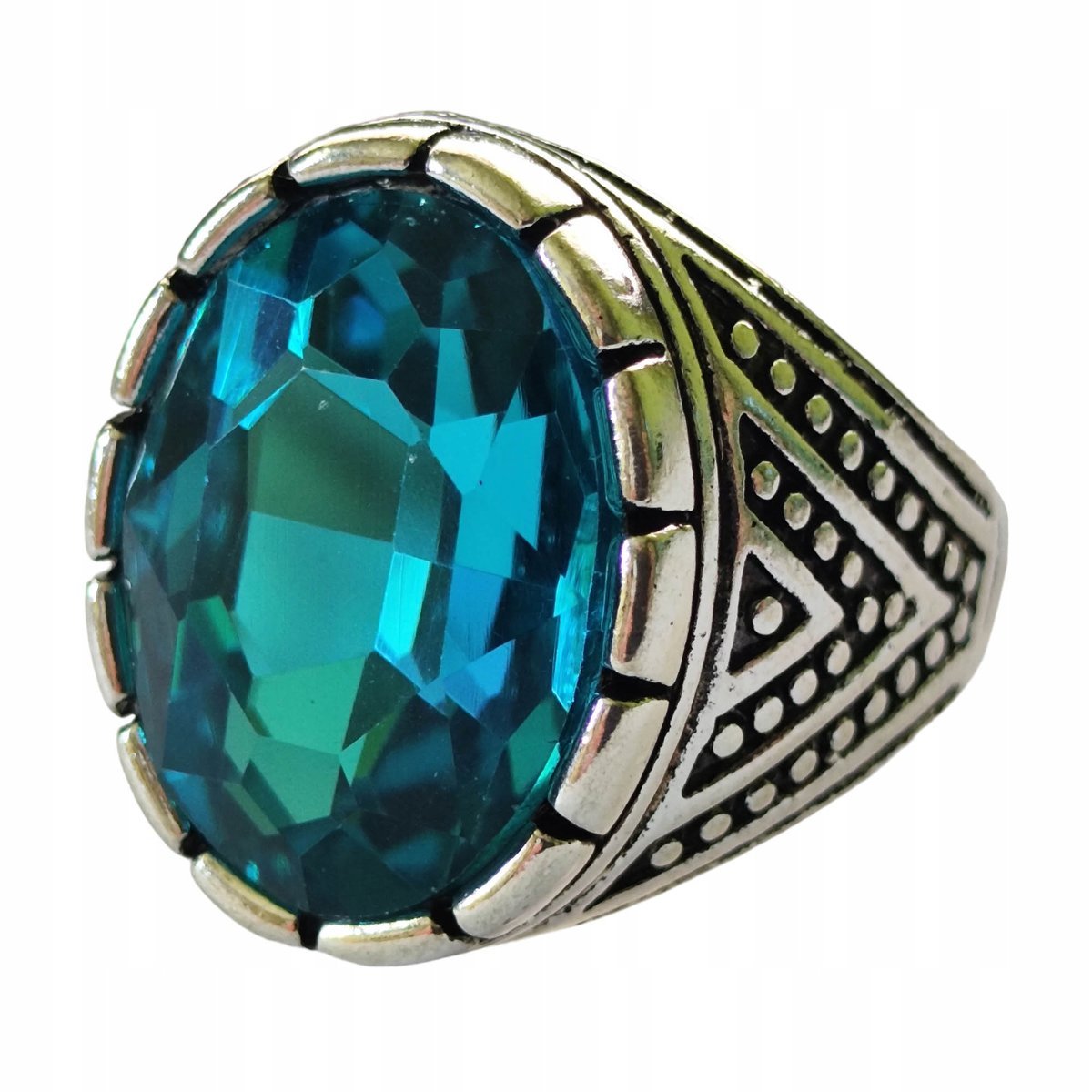 Srebrny Sygnet z Dużym Akwamarynem Niebieski Kamień Stal Szlachetna Vintage
