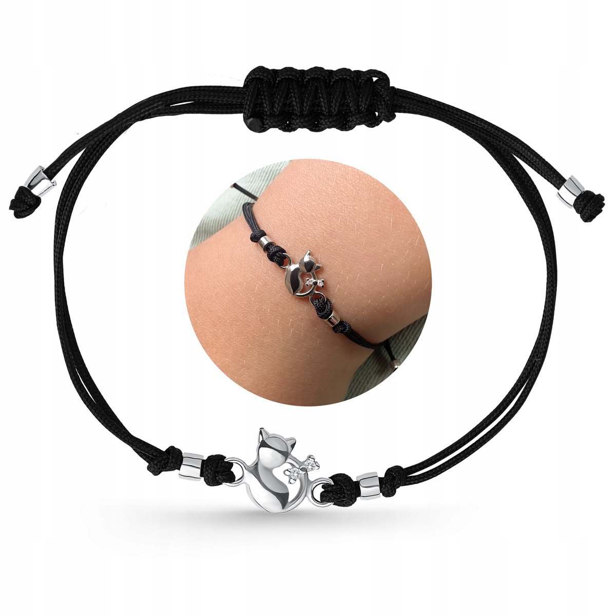 Bransoletka dla dziewczynki kotek srebrna sznurkowa na sznurku srebro 925