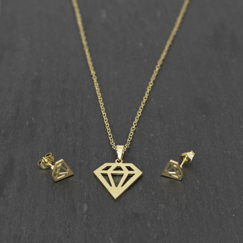 Złoty Zestaw Kassi z Motywem Diamentu – Naszyjnik i Kolczyki Luksus