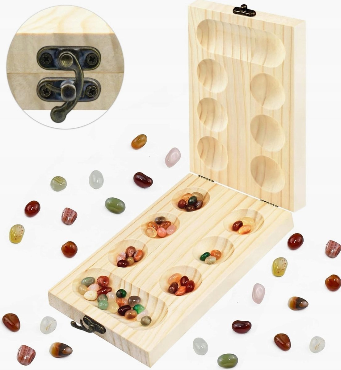 Mancala gra planszowa – gra z kamyczkami – Kalaha – gra strategiczna, pogrubione naturalne drewno + piękne kolorowe kamienie + worek do przechowywan..