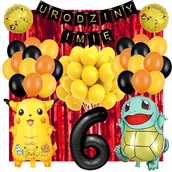 Balony i akcesoria - ŚCIANKA DEKORACJE ZESTAW BALONÓW POKEMON NA 6 URODZINY + DOWOLNE IMIĘ 59SZT - miniaturka - grafika 1