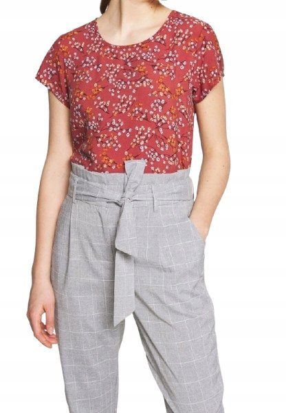 VERO MODA CZERWONY T SHIRT Z KWIATOWYM NADRUKIEM I OKRĄGŁYM DEKOLTEM XS XQA