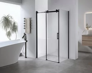 HYDROSAN Kabina prysznicowa prostokątna narożna 80x100x190 drzwi przesuwne na rolkach ze ścianką boczną czarna szkło transparentne uniwersalna z powłoką Nano Glass BS15A-100X80 - Kabiny prysznicowe - miniaturka - grafika 1