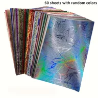 Rękodzieło - TEMU 50 arkuszy papieru do scrapbookingu z teksturą - wytłoczony holograficzny wzór w kolorze tęczy, kwiatowym i abstrakcyjnym, idealny do rzemiosła, - miniaturka - grafika 1