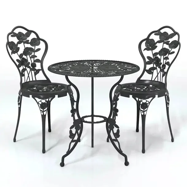 Komplet Mebli Bistro z Aluminium i Żeliwa, Czarny, Stół 59x59x67 cm, Krz