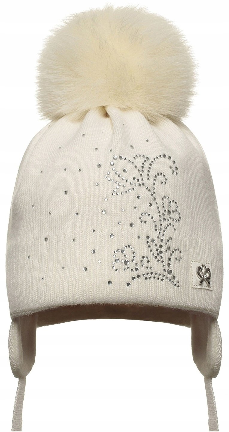 Czapka Dziecięca Pompon Z Futra Lisa Kremowa 44-46