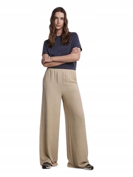 PIECES BEŻOWE SPODNIE PALAZZO Z ELASTYCZNYM PASEM M J9A