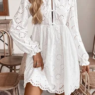 Sukienki - TEMU 1 szt. Elegancka Damska Sukienka z Okrągłym Dekoltem i Długim Rękawem, Poliestrowa Jednokolorowa na Wiosnę/Jesień, Ślubna Sukienka dla Gości, - miniaturka - grafika 1