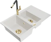 Zlewozmywaki z baterią - Mexen Gaspar zlewozmywak granitowy 1,5-komorowy z ociekaczem i baterią kuchenną Flora, biały - 6507-20-670401-57-G - miniaturka - grafika 1