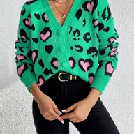Swetry damskie - TEMU Kardigan Damski z Eleganckim Lamparcinem Wzorem i Różowymi Sercami - Sweter na Walentynki z Otwartym Przodem i Złotą Klamrą, Możliwość Prania w - miniaturka - grafika 1