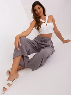 Spodnie damskie - Spodnie z materiału szary casual materiałowe nogawka szeroka wiązanie - grafika 1