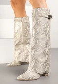 Kozaki damskie - Beżowe Wężowe Kozaki na Słupku z Cholewką Imitującą Nogawkę Ceniffia - Renee - miniaturka - grafika 1