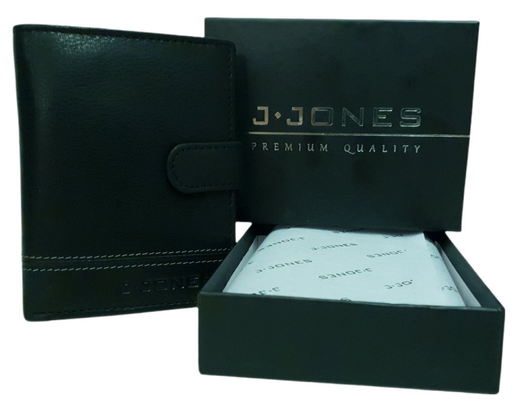 Portfel męski czarny skórzany przeszycia i zatrzask Jennifer Jones RFID SAFE elegancki prezent na święta