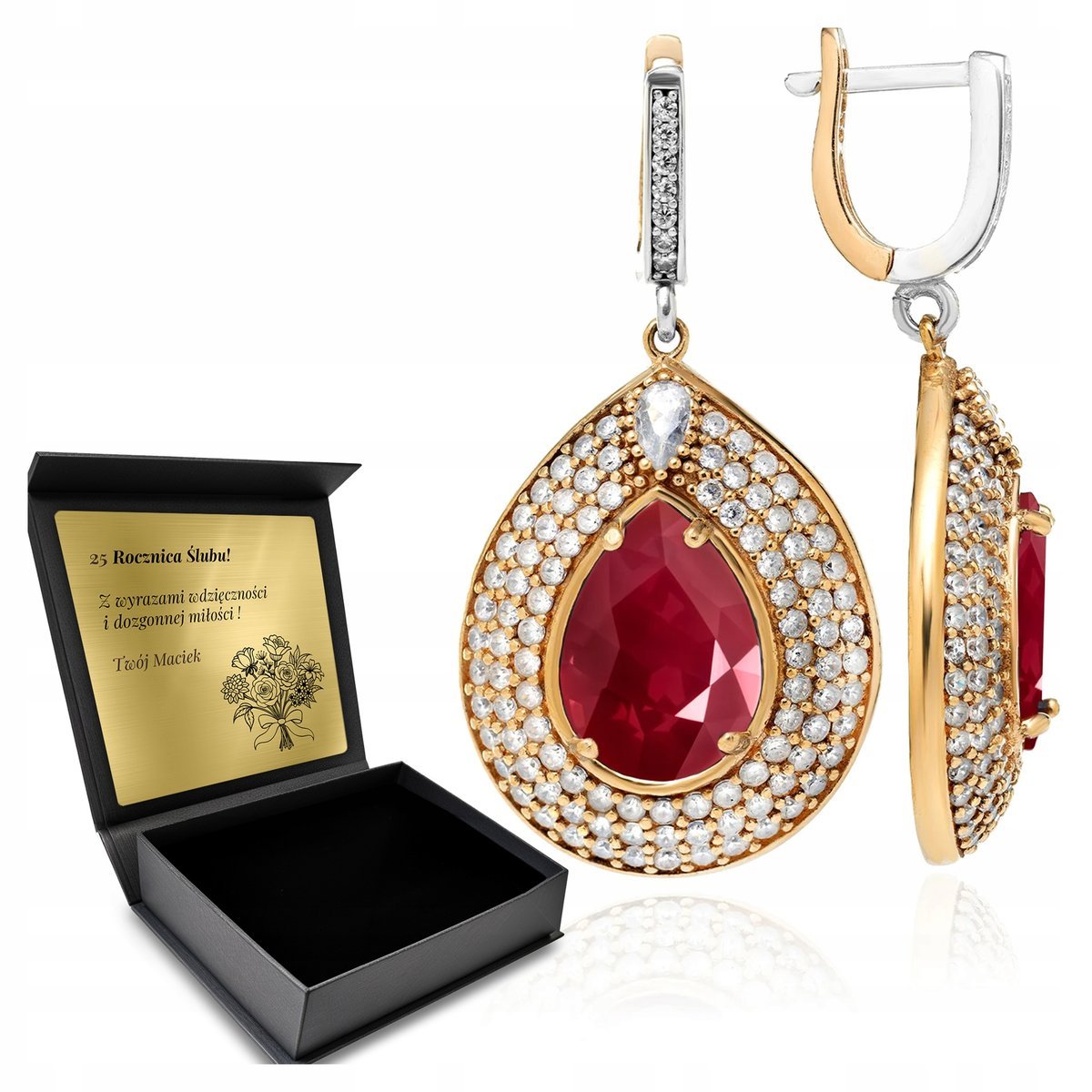 Kolczyki Srebrne 925 Cyrkonie I Rubin Biżuteria Dla Kobiety + Grawer