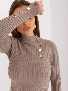 Swetry damskie - Sweter klasyczny ciemny bezowy casual dekolt półgolf rękaw długi materiał prążkowany  guziki - grafika 1