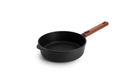 Woll Eco Logic QXR żeliwna patelnia z wysoką krawędzią – indukcyjna, Ø 24 cm, wysokość 7 cm, ze zdejmowanym, trwałym drewnianym trzonkiem – nadaje się do wszystkich rodzajów kuchenek, nie zawiera
