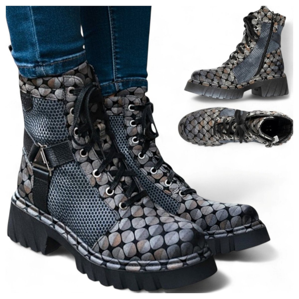 Damskie Botki Maciejka SKÓRZANE Glany Sznurowane Wysokie Modne Platforma 40