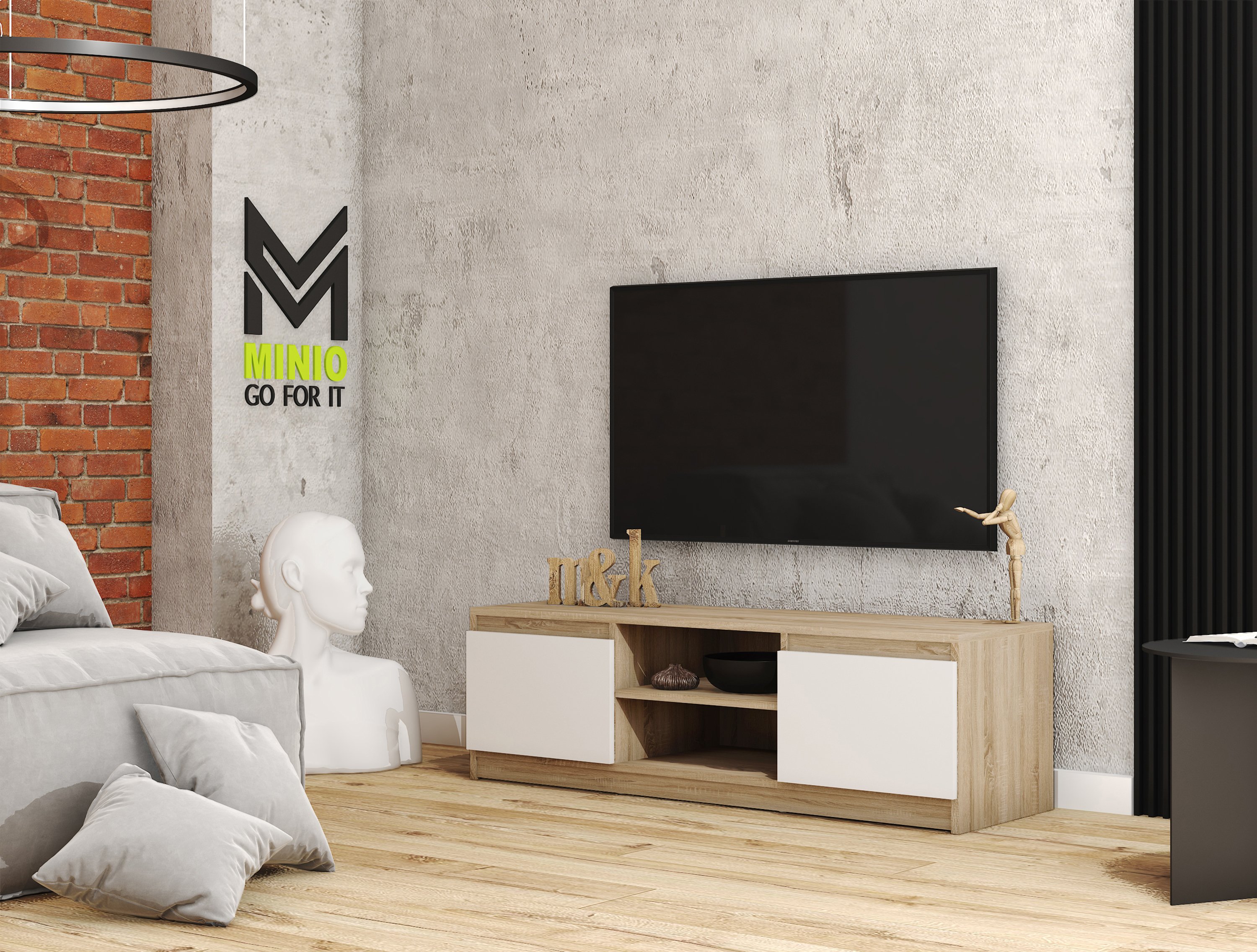 Minio TV lowboard DIDI szafka pod TV biały mat/dąb sonoma 120 cm stojąca