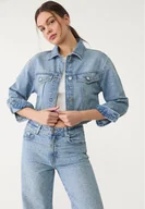 Kurtki damskie - Stradivarius Błyszcząca kurtka jeansowa Średni niebieski XS - miniaturka - grafika 1