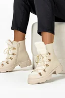 Botki damskie - Beżowe botki śniegowce damskie z kożuszkiem sznurowane Casu 22-15-38 - miniaturka - grafika 1