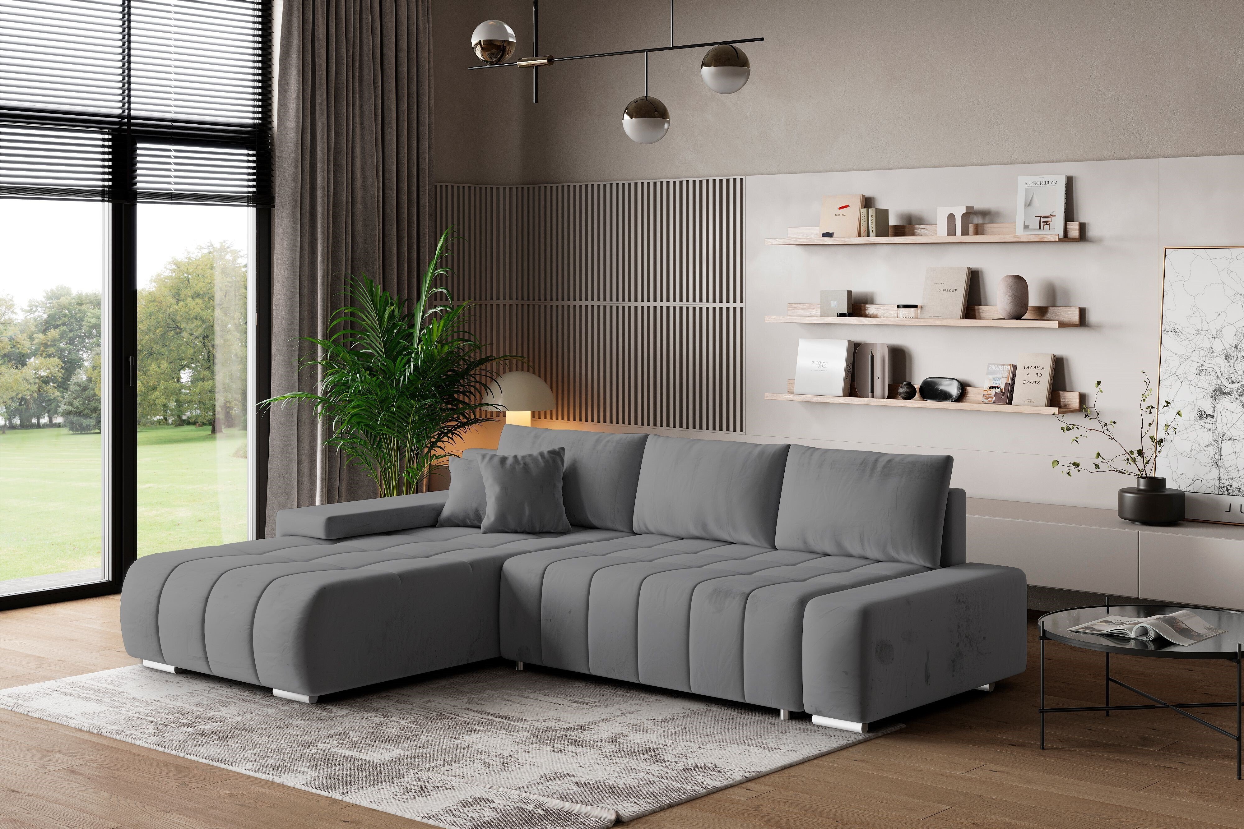 Masseno Narożnik ALESE L-S z funkcją spania i pojemnikiem na pościel Kształt L, Rozkładana sofa, Rogówka - Szary, MONOLITH 85