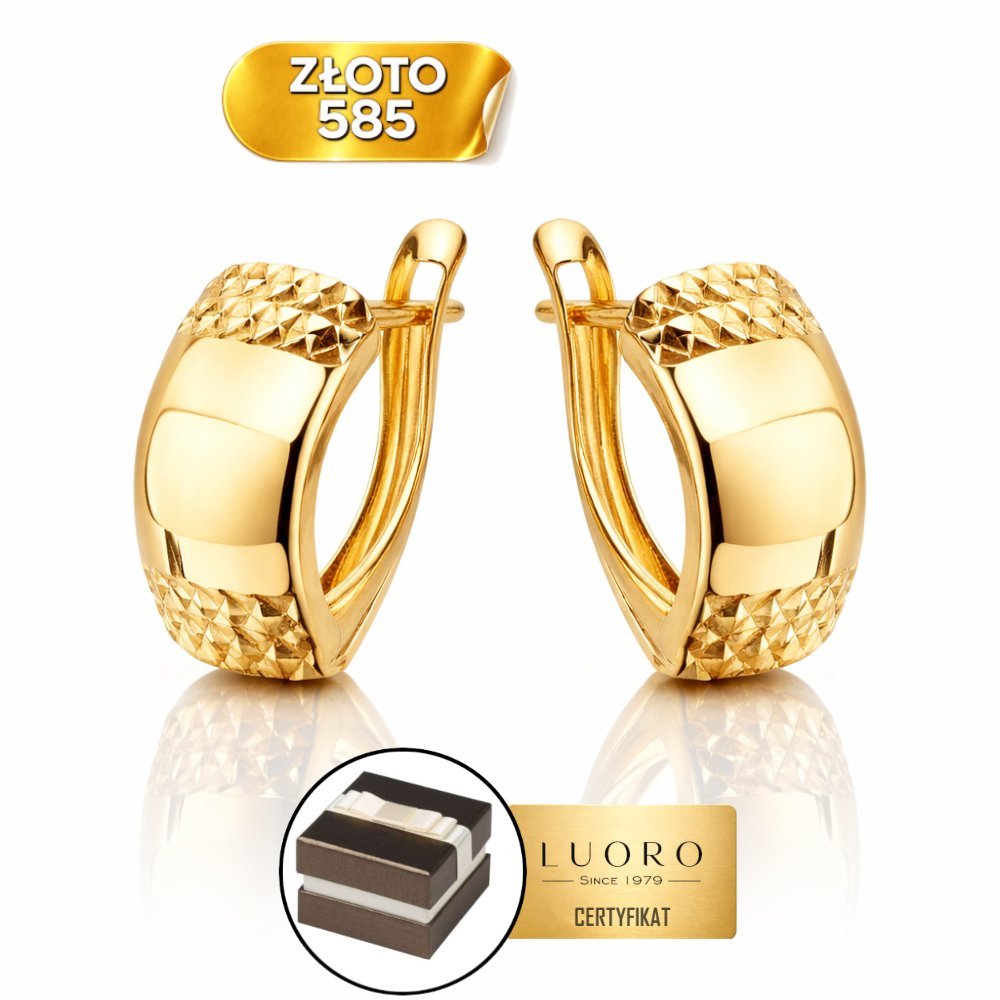 KOLCZYKI ZŁOTE 585 14K DIAMENTOWANE POPRZECZNE PASKI PROSTOKĄT PREZENT