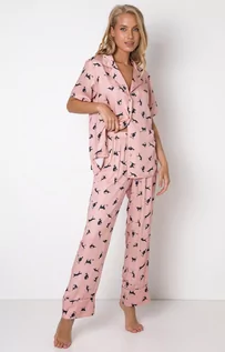 Piżamy damskie - Aruelle różowa piżama damska Polly Long z nadrukiem w koty, Kolor pudrowy, Rozmiar S, Aruelle - Intymna - grafika 1