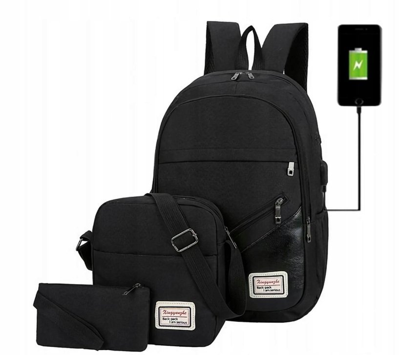 Plecak Czarny Zestaw 3W1 Torba Saszetka Piórnik Młodzieżowy Szkolny P32