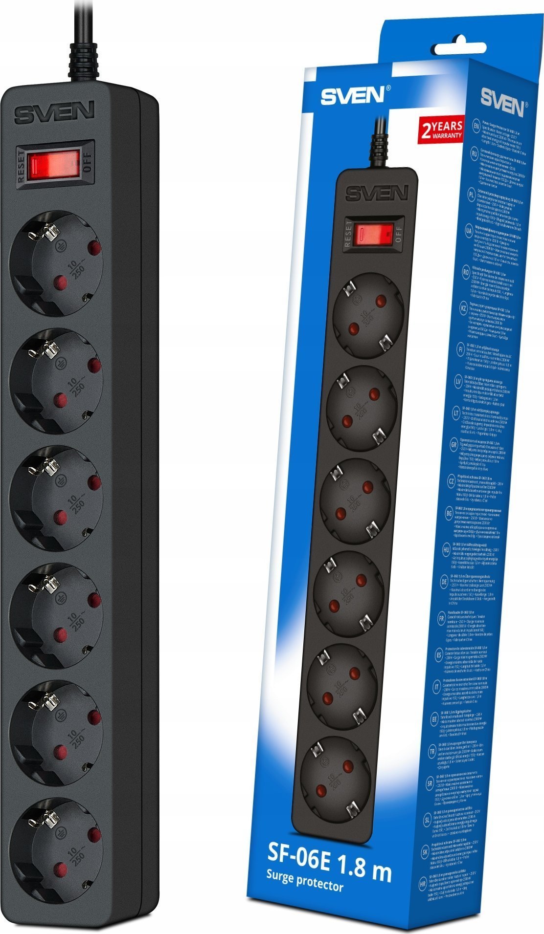 Listwa przeciwprzepięciowa SVEN SF-06E 1,8 m, 6 gniazd czarna SV-022044