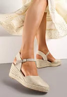 Sandały damskie - Złote Sandały Espadryle na Koturnie z Noskiem z Imitacji Skóry Anirha - miniaturka - grafika 1