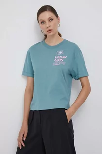 Koszulki sportowe damskie - Calvin Klein Jeans t-shirt bawełniany kolor niebieski - grafika 1