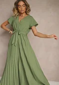 Sukienki - Ciemnozielona Koktajlowa Maxi Sukienka Ozdobiona Plisami z Trójkątnym Dekoltem i Wiązaniem w Talii Phoelia - miniaturka - grafika 1