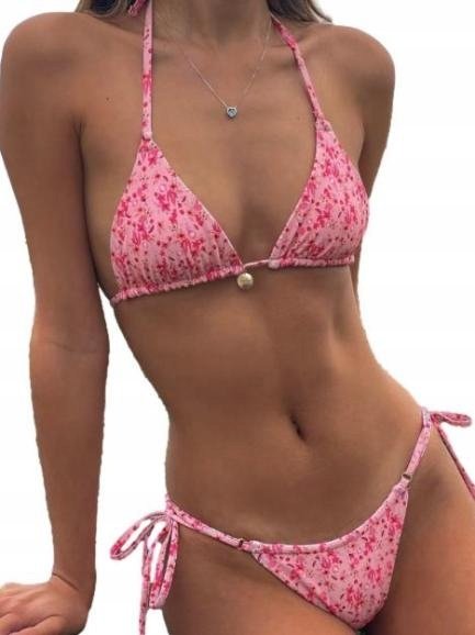 Damski Zestaw Bikini Z Kwiatowym Nadrukiem I Wiązaniem Różowy Strój S
