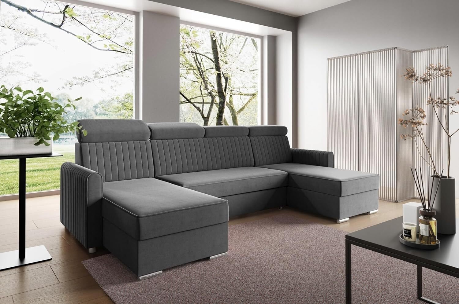 LIKMA Narożnik 274 cm Grafitowy Rozkładany NELI Kształt U z Funkcją Spania (254x125 cm) i Pojemnikiem na Pościel Sofa z Regulowanymi Zagłówkami