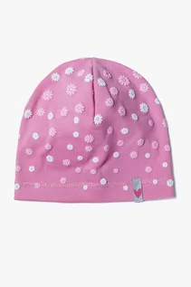 Czapki dla dzieci - Różowa dzianinowa czapka dziewczęca w kwiaty - grafika 1