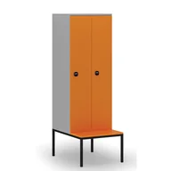 Szafy biurowe - Drewniana szafa ubraniowa z ławką, 2-drzwiowa, 1871 x 600 x 500/800 mm, zamek RFID, szary/pomarańczowy - miniaturka - grafika 1