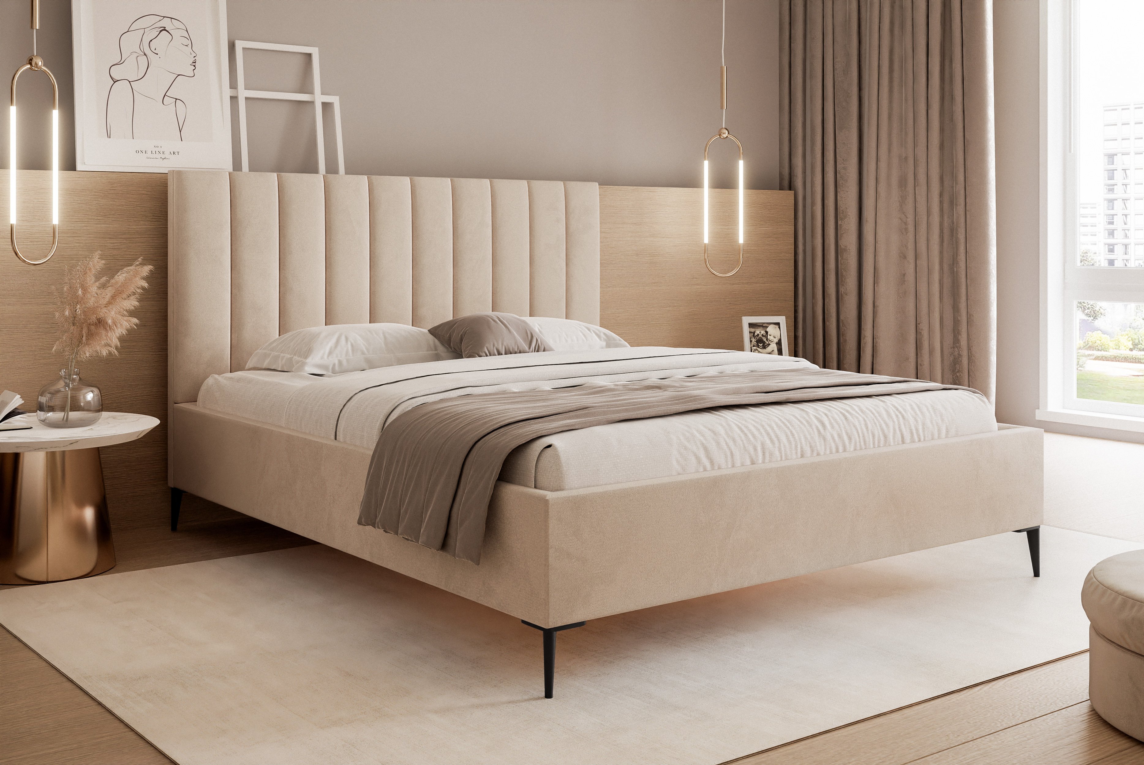 Łóżko tapicerowane z zagłówkiem 140x200 Tatiana Slim II - Łóżko podwójne z podstawą łóżka i ramą z listew drewnianych - Tkanina Velvet - Beige & Velluto 02