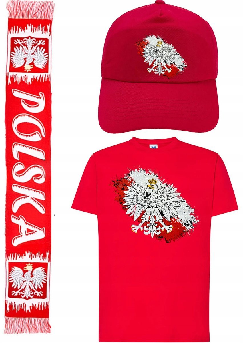 ZESTAW DLA KIBICA POLSKI KOSZULKA +SZALIK + CZAPKA GODŁO FLAGA