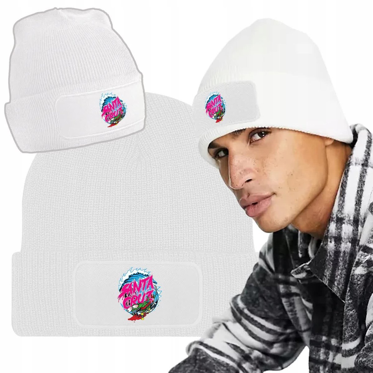 Zimowa Wygodna Czapka Biała SANTA CRUZ Mix Wzory