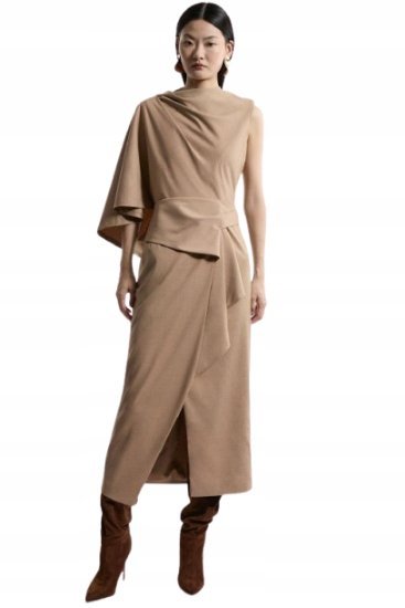 Karen Millen Petite Beżowa Sukienka Midi z Asymetrycznym Rękawem 38 B1c