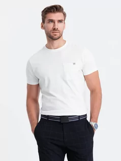 Koszulki męskie - Dzianinowy T-shirt męski z naszytą kieszonką - ecru V7 S1621 - grafika 1