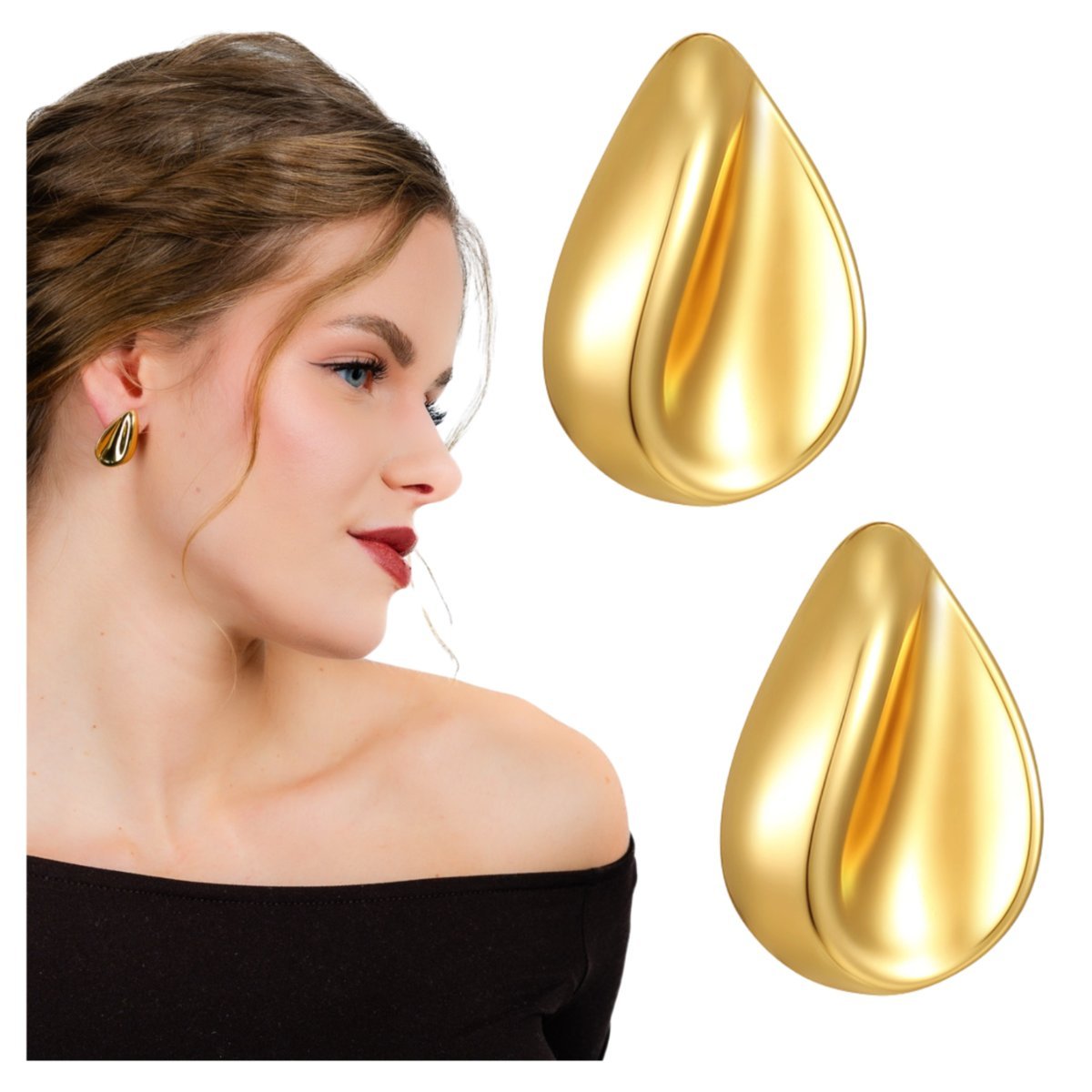 Kolczyki Sztyfty Złote Duże Łezki Krople Stal Chirurgicza 316L Pozłacane