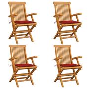 Fotele i krzesła ogrodowe - vidaXL Krzesła ogrodowe, czerwone poduszki, 4 szt., lite drewno tekowe - miniaturka - grafika 1