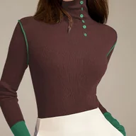 Swetry damskie - TEMU Elegancki damski sweter z długim rękawem i kołnierzykiem - dopasowany krój w linii H, asymetryczny dół i ozdobne guziki z przodu, elastyczny top - miniaturka - grafika 1