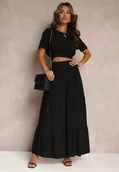 Komplety damskie - Czarny Komplet z Wiskozy 2-Częściowy Top i Spódnica z Falbankami Jakki - miniaturka - grafika 1