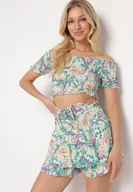 Komplety damskie - Zielony Komplet Bawełniany Bluzka Typu Hiszpanka Szorty z Wysokim Stanem i Falbanką Testasha - miniaturka - grafika 1