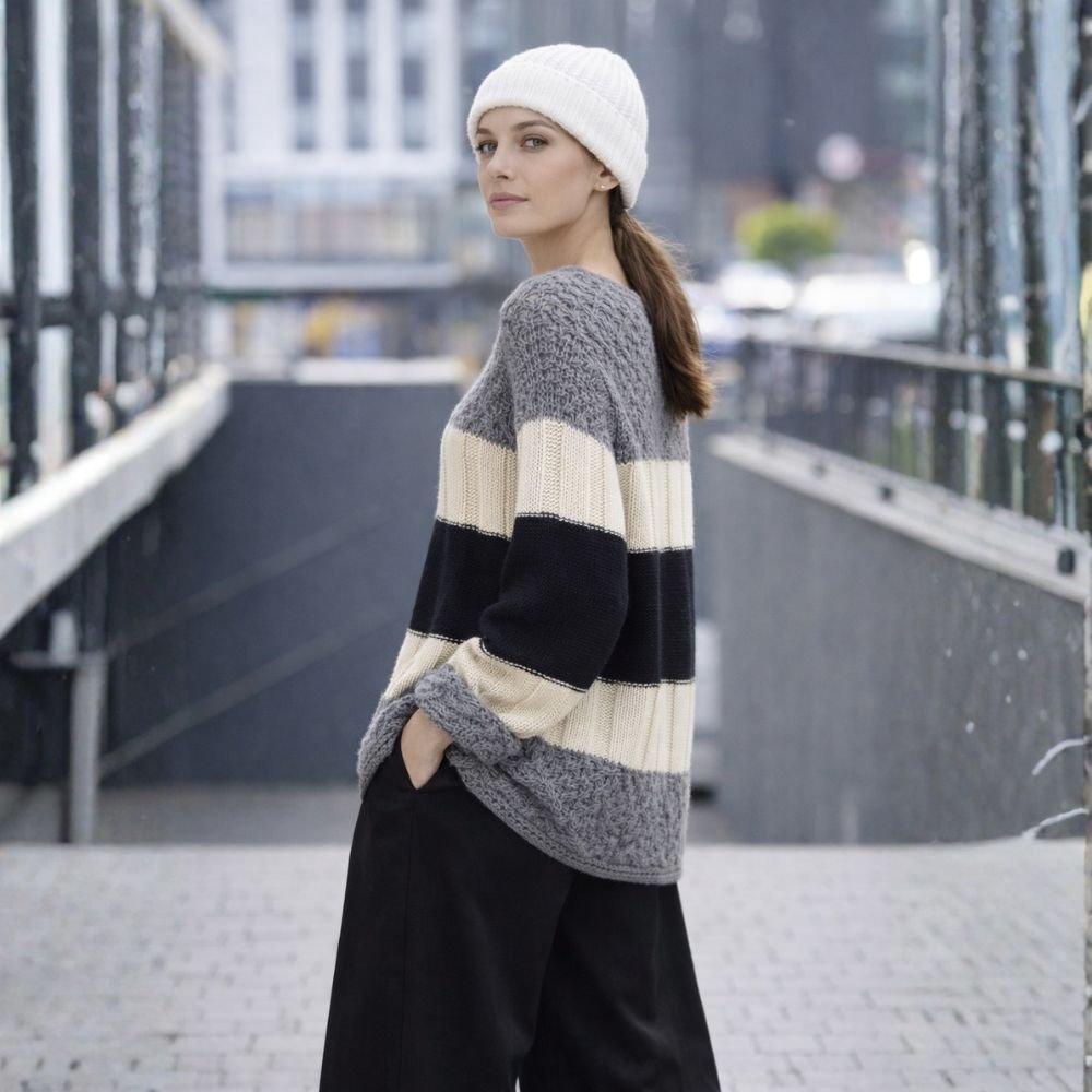 Sweter Damski Włoski w Paski Oversize Szary Biały One Size