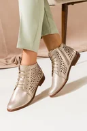 Botki damskie - Złote botki skórzane damskie wiosenne ażurowe płaskie sznurowane PRODUKT POLSKI Casu 4078-HOGL S - miniaturka - grafika 1