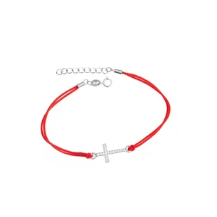 Srebrna bransoletka 925 czerwona sznurkowa krzyżyk cyrkonie - Bransoletki - miniaturka - grafika 1